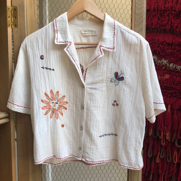 Urban Outfitters Tops - CUTE Urban Outfitters Cream Top with Embroidered Flowers and Bugs